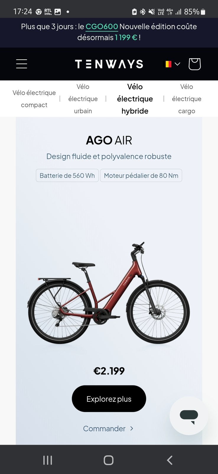 Velo VTC assistance électrique, Vélos & Vélomoteurs, Enlèvement, Comme neuf