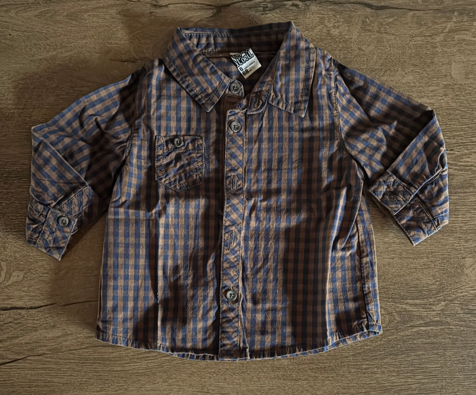 Chemise à carreaux marron/marine - 6 mois - 5€, Enlèvement ou Envoi, Comme neuf, Garçon, Chemise ou Chemisier