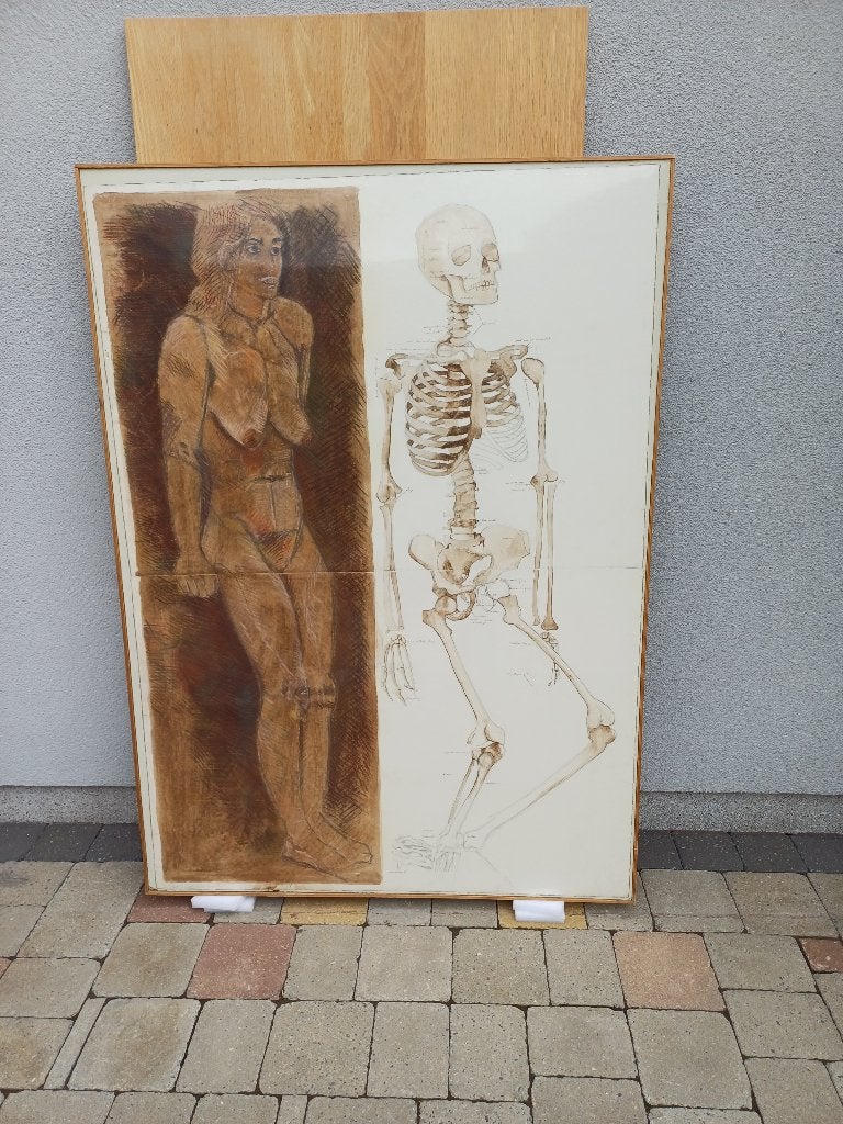 Grande œuvre d'art d'inspiration anatomique, Enlèvement, Sur cadre en bois, Pastel, Figures