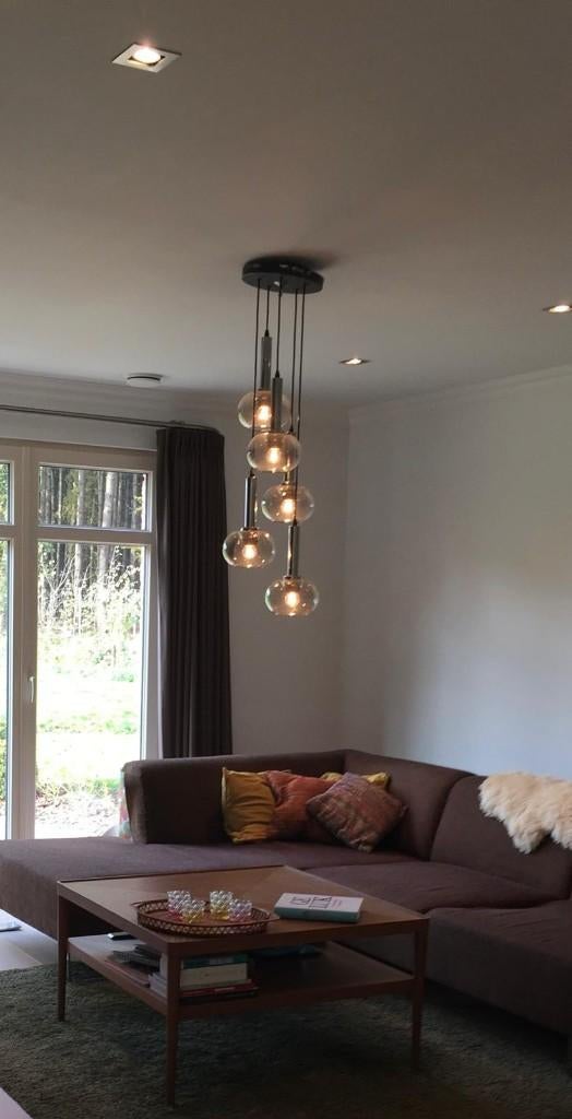 Vintage Cascade Hanglamp, 5 Mondgeblazen Bollen, '60-'70, Ophalen, Gebruikt, Glas, 75 cm of meer