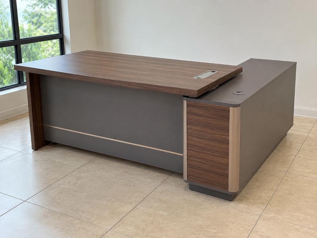 Nieuw in doos: L-vormig directiebureau / kantoorhoekbureau, Ophalen, 120 cm, Hout, Hoekbureau