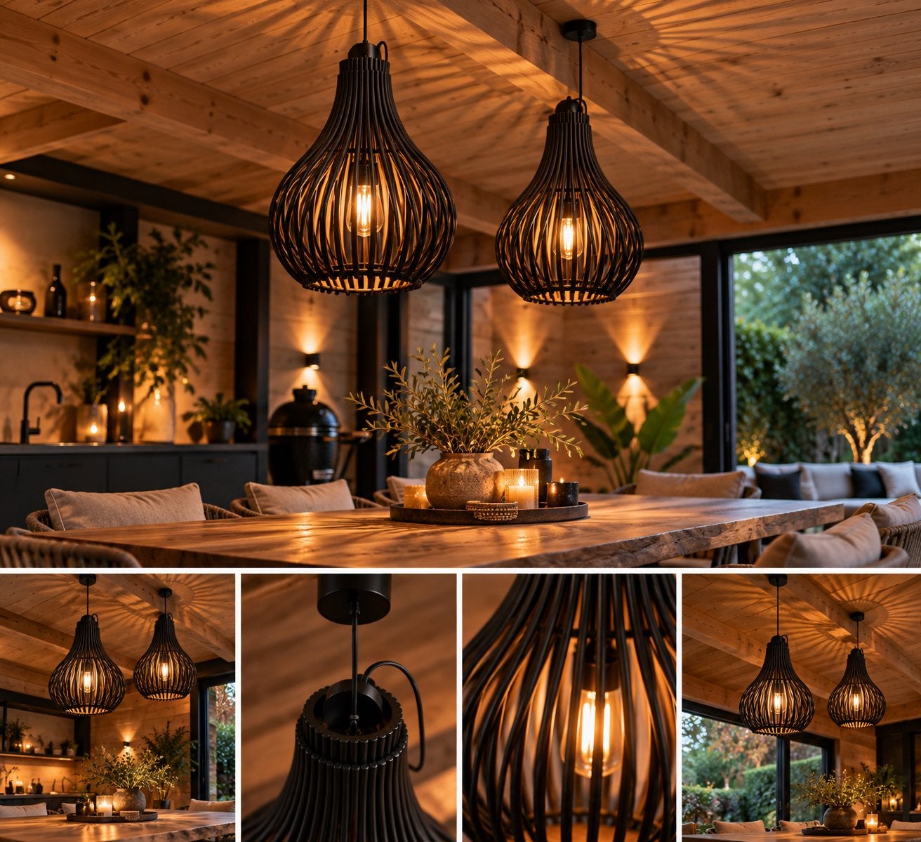 Set van 2 grote zwarte hanglampen – landelijk modern, Huis en Inrichting, Ophalen, Zo goed als nieuw, Hout