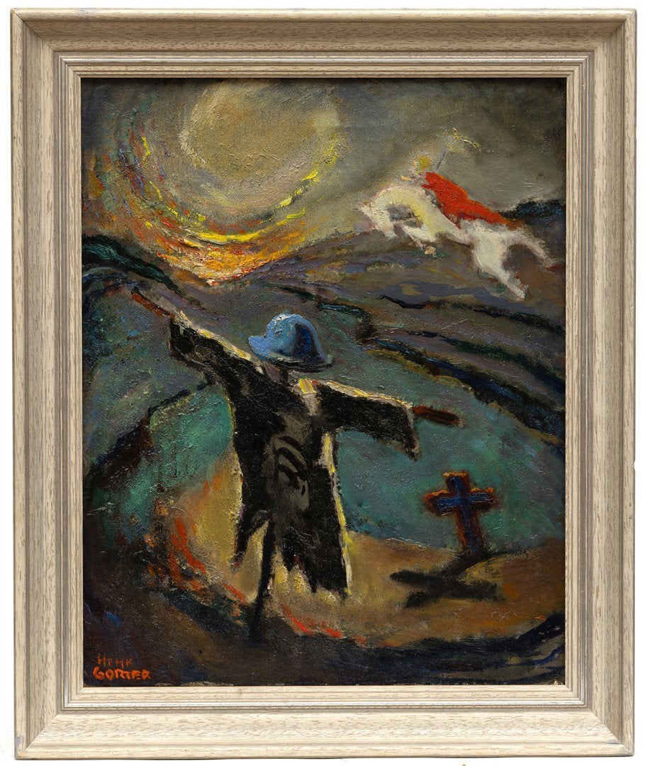 Henk Gorter (1908 - 1974) - Surrealistisch landschap met, Antiek en Kunst, Kunst | Schilderijen | Modern, Overig onderwerp, Olieverf