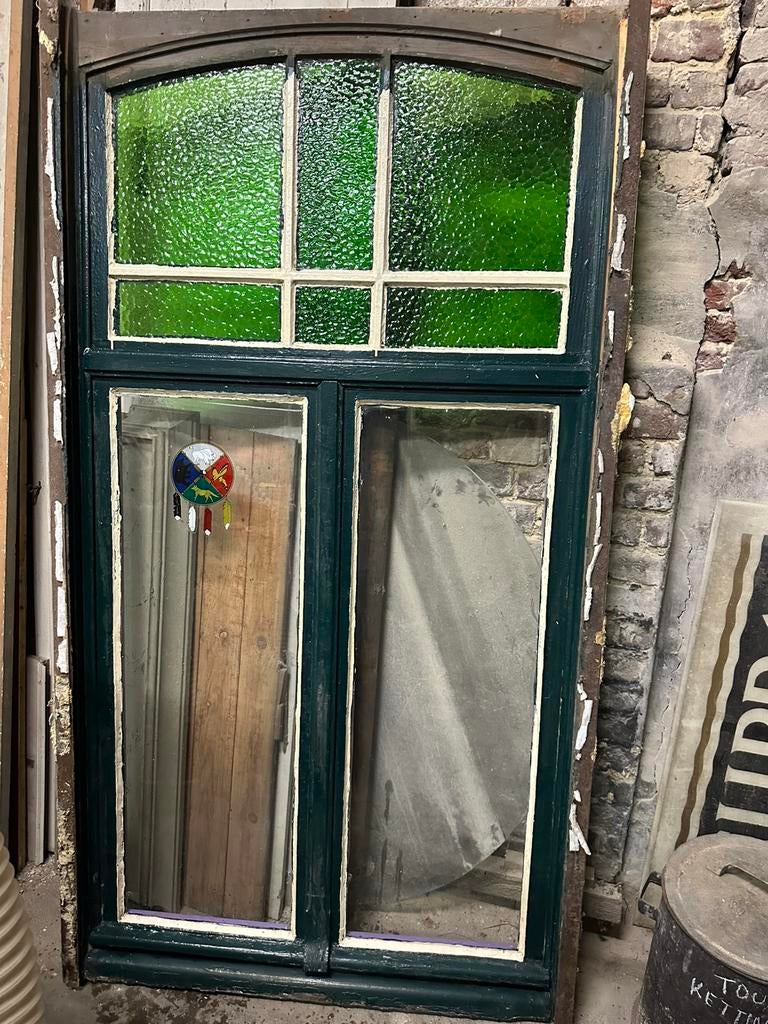 Vintage raam met groen sierglas, Ophalen, Gebruikt
