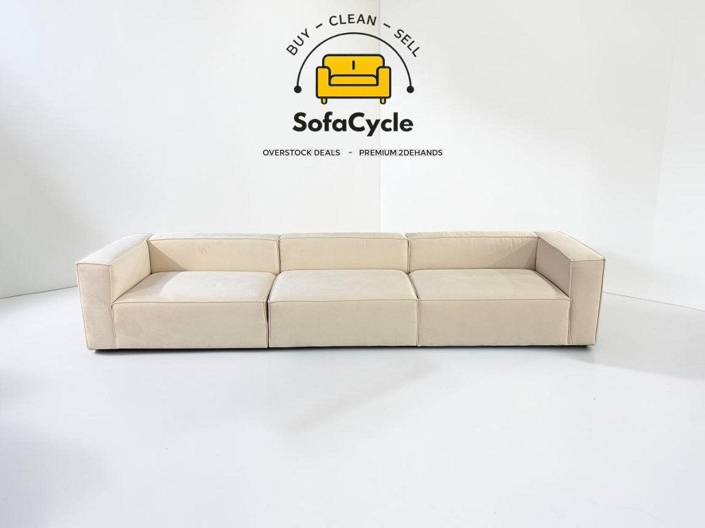 4-zit zetel beige velours, modulair 355 cm – nieuw, Gebruikt, Zonnestraat 223-229, 9600 Ronse, België, Info@sofacycle.be, SofaCycle VOF