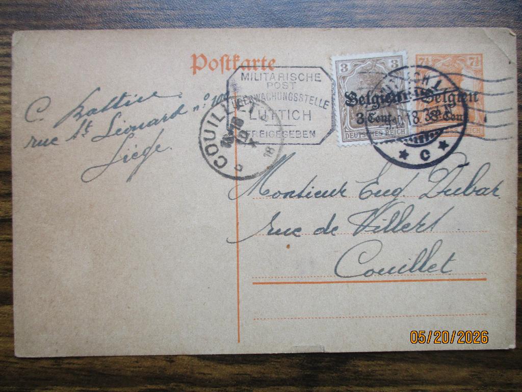 Carte de Liège à Couillet le 7/10/1918, Envoi