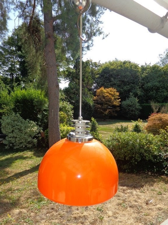 Lustre suspension années 70,globe orange plastique, Enlèvement ou Envoi, Synthétique, Design art, E27 (grand)