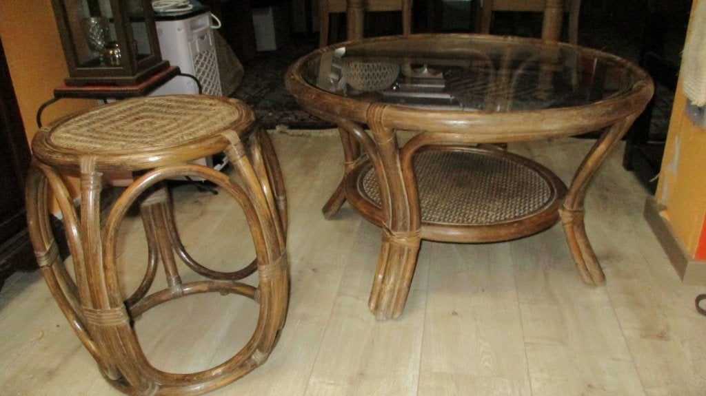 Vintage Rotan salontafel met glazen blad, Enlèvement, Comme neuf, Rotin