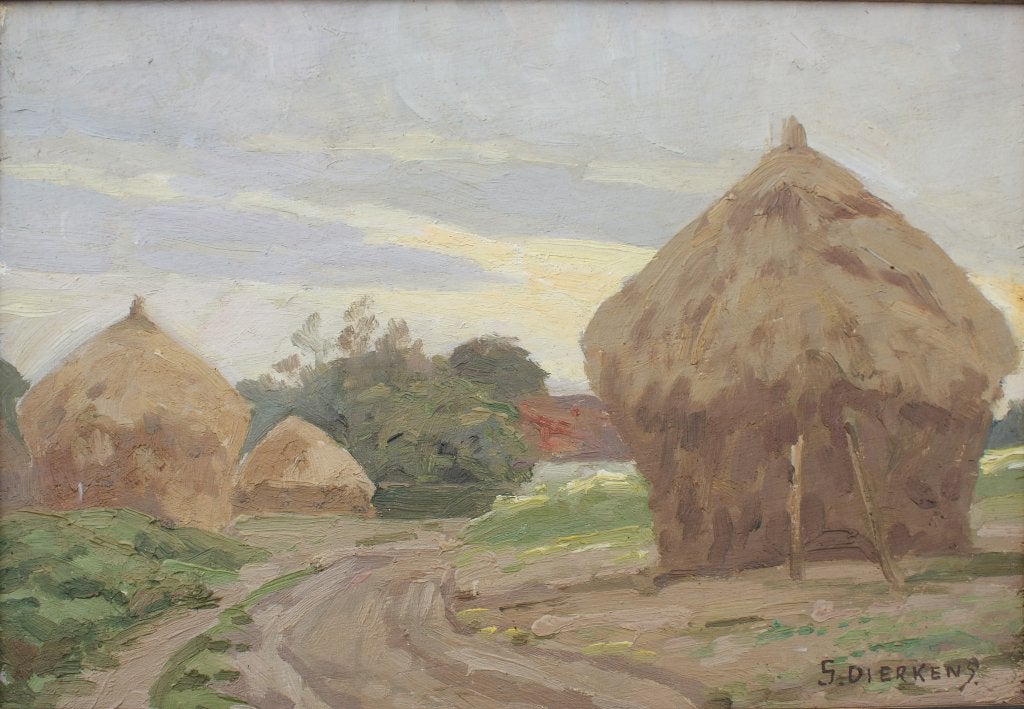 Gustave Dierkens (1878-1940): Hooimijten (37 x 27 cm), Antiek en Kunst, Ophalen of Verzenden, Gesigneerd, Olieverf, Bloemen