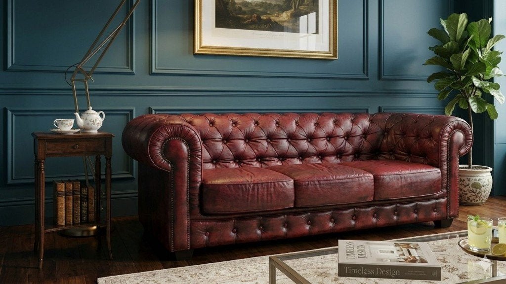 Authentique Canapé Chesterfield Anglais de Prestige, Maison & Meubles, Enlèvement, Utilisé, Trois personnes, Cuir