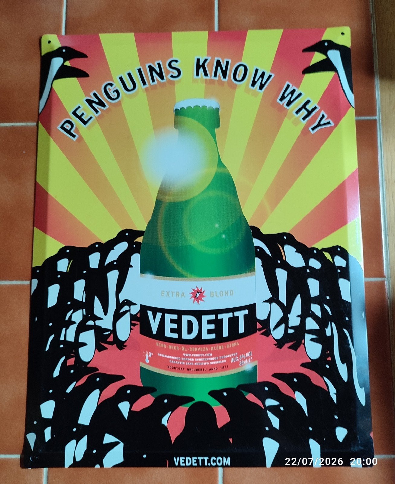 Plaque en métal bière VEDETT ., Enlèvement ou Envoi, Utilisé, Panneau, Plaque ou Plaquette publicitaire, Autres marques