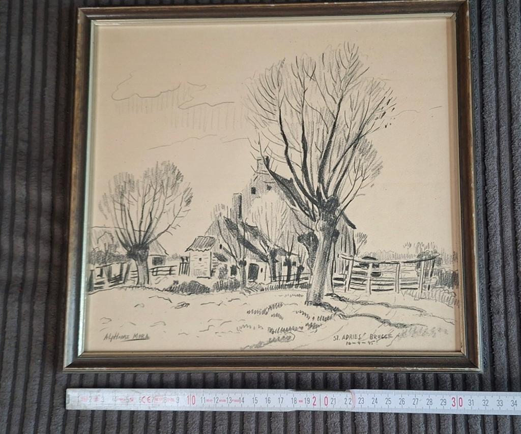 Ingekaderde pentekening  Alphonse Mora – St Andries Brugge, Antiek en Kunst, Kunst | Etsen en Gravures, Ophalen, Ets, Stadsgezicht