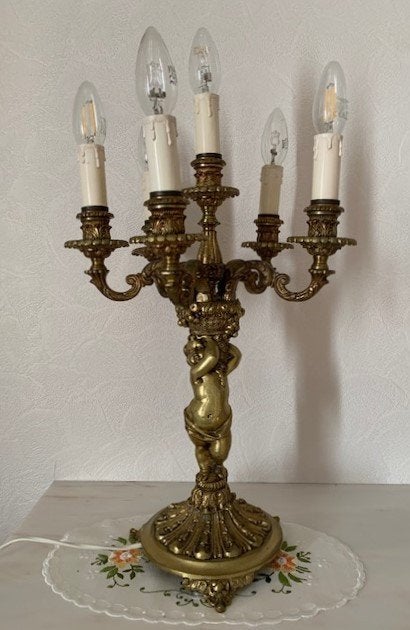 Vintage koperen tafellamp in kandelaberstijl, Huis en Inrichting, Ophalen, Zo goed als nieuw, Minder dan 50 cm