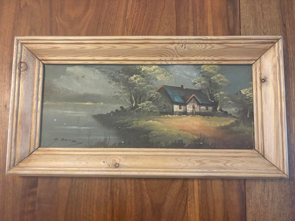 Schilderij op doek met authentiek houten kader, Antiek en Kunst, Ophalen