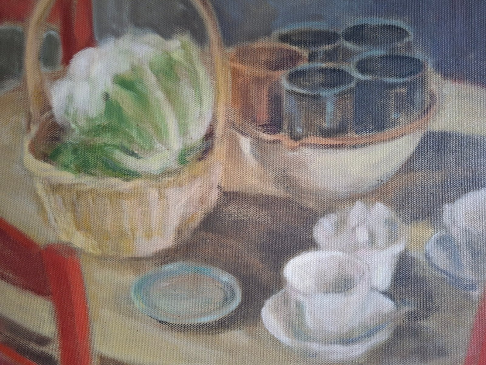 KITSLAAR Hans "Gedekte tafel met rode stoelen " olie op doek, Antiek en Kunst, Ophalen of Verzenden, Doek