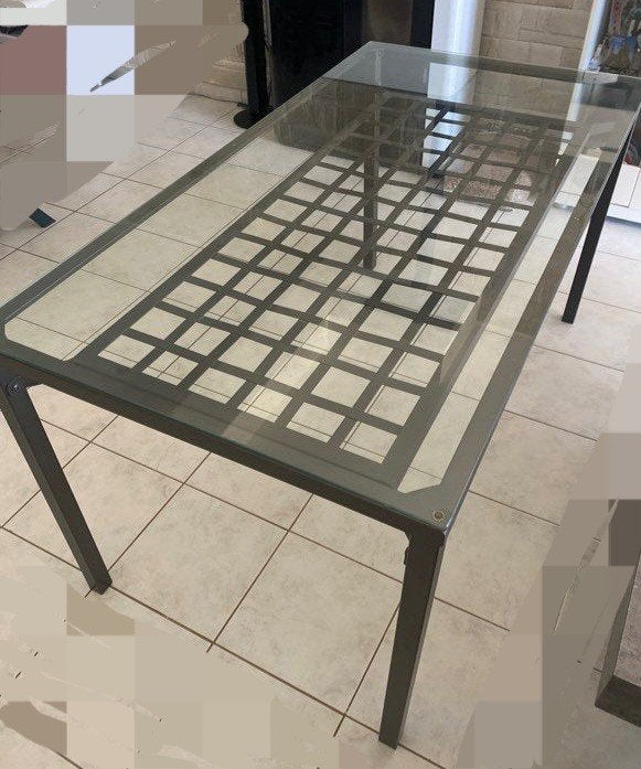 table salle a manger  vers epais, Enlèvement, Utilisé, Metal verre
