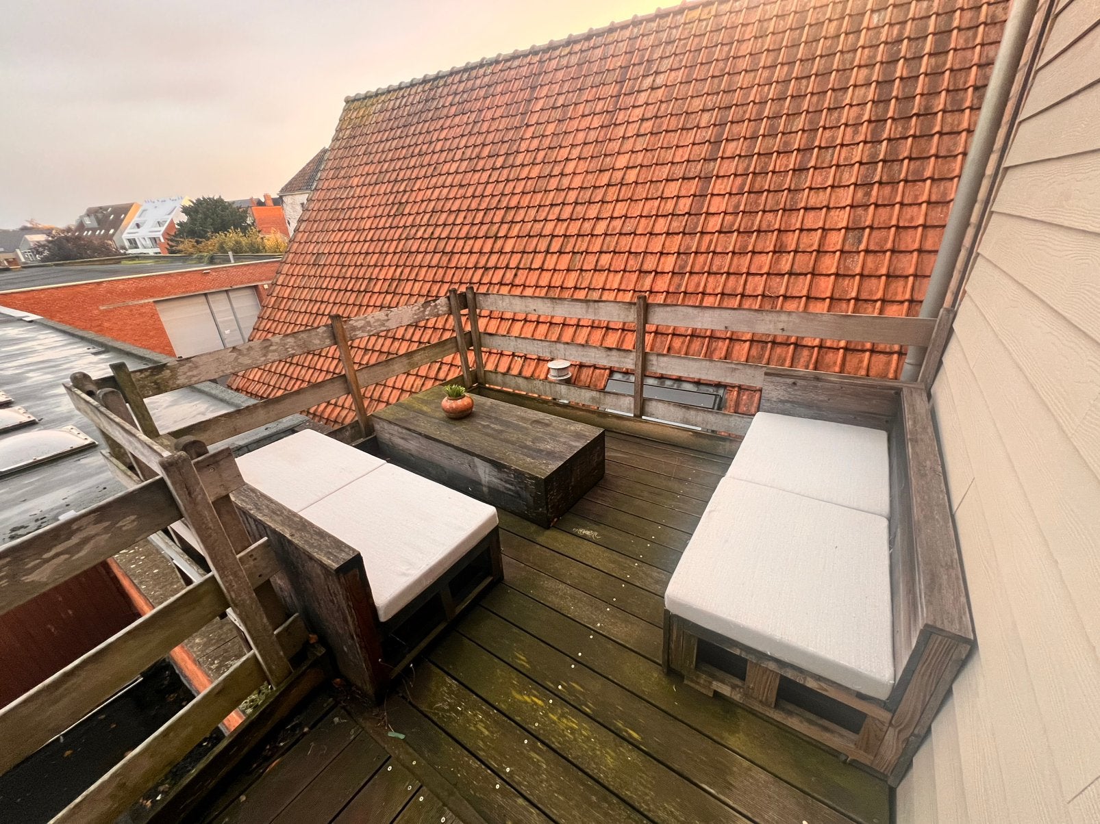 Set bankjes terras tuinset steiger hout inclusief kussens, Tuin en Terras, Ophalen, Gebruikt, 6 zitplaatsen, Steigerhout