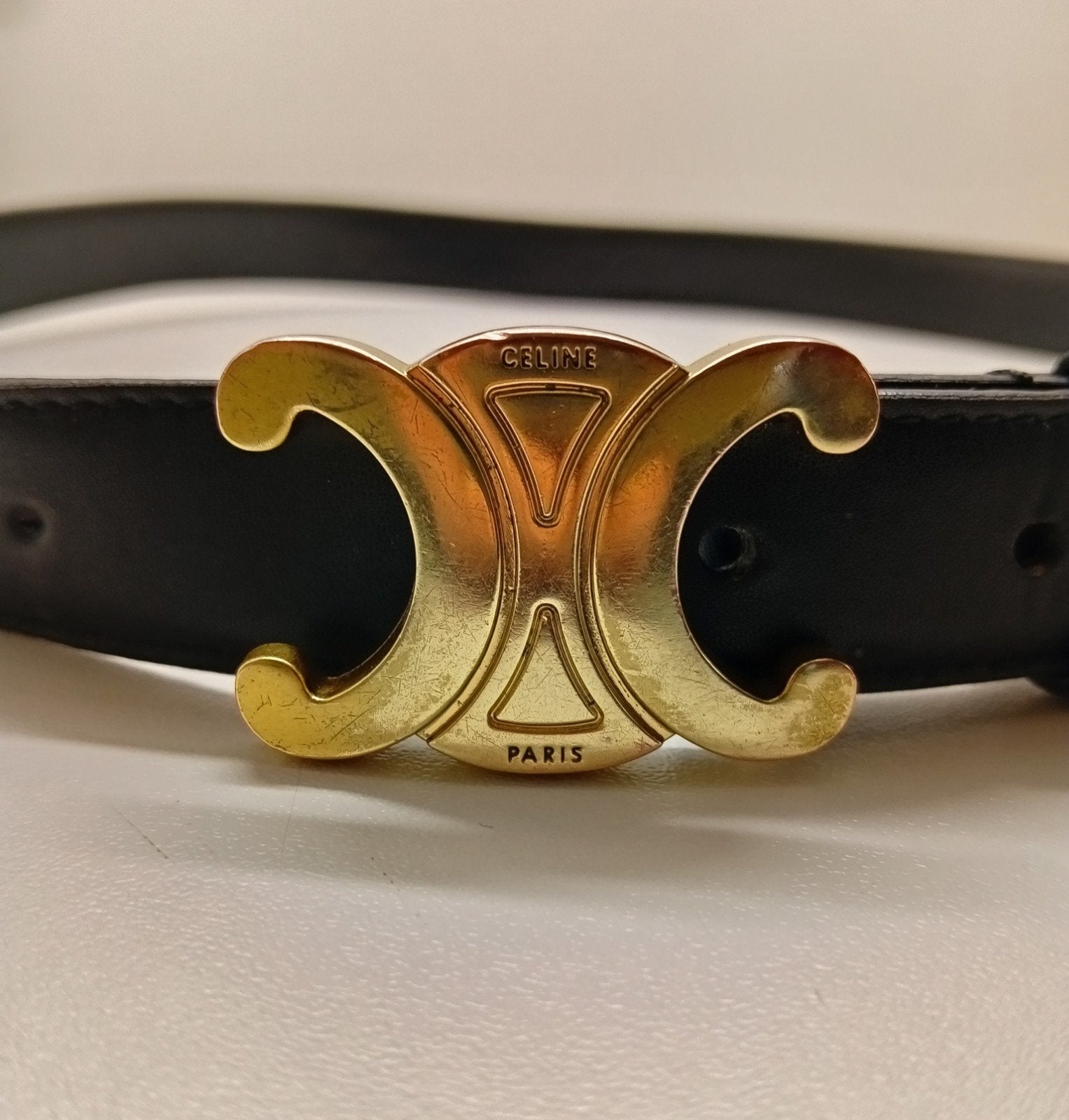 Celine Paris Triumphe zwart leer riem zwart | 90 cm, Minder dan 3 cm, 80 tot 90 cm, Gedragen, Echt leder