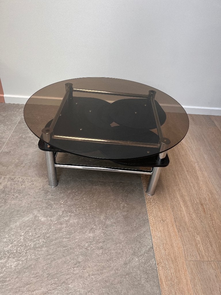Vintage salontafel met fumé blad, Huis en Inrichting, Ophalen, Gebruikt, 50 tot 100 cm, Rond