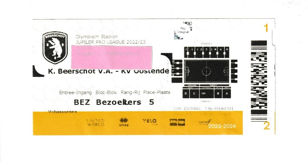 1 ticket Beerschot - KV Oostende, 30/09/2023, Ophalen of Verzenden, Gebruikt, Overige typen