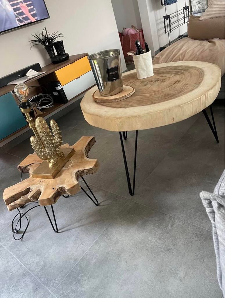 Tables basses en bois massif pieds en metal noir, Maison & Meubles, Enlèvement, Comme neuf