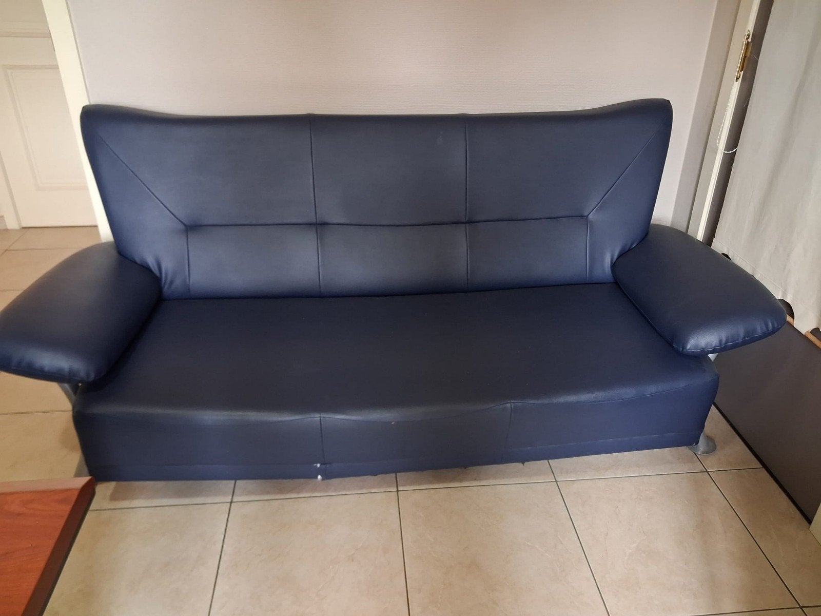 Comfortabele donkerblauwe zitbank, Ophalen, Leer