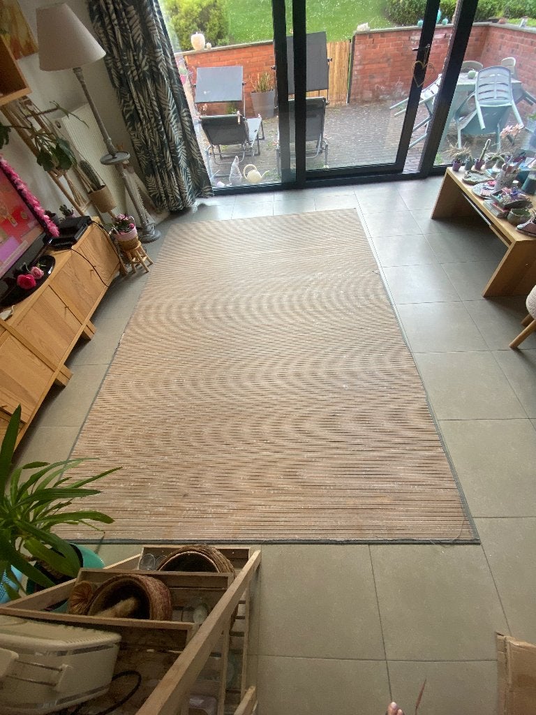 Grijs vloerkleed van bamboe om weg te geven, Huis en Inrichting, Ophalen, Gebruikt, 200 cm of meer, Bambou gris délavé avec le temps…