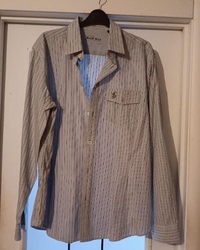 Chemise blanc bleu brun lignée L, Ophalen of Verzenden, Gedragen, Blauw, Halswijdte 41/42 (L)