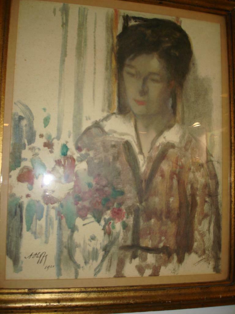 1920 Auguste OLEFFE kleurrijke gouache pastel vrouw, bloemen, Antiek en Kunst, Ophalen