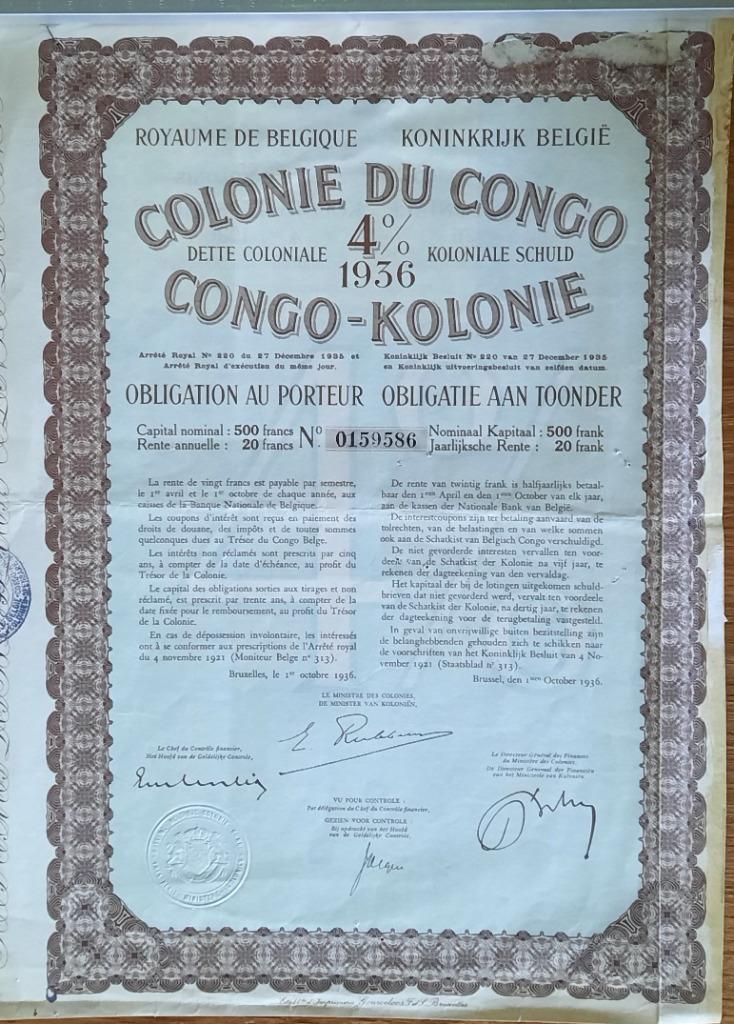Obligation au porteur - Colonie du Congo - 500 francs 4 % -, Enlèvement ou Envoi, 1920 à 1950, Obligation ou Prêt
