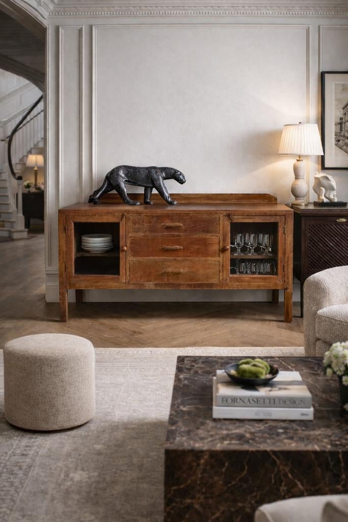 Massieve antieke buffetkast teak hout, Ophalen, Glas