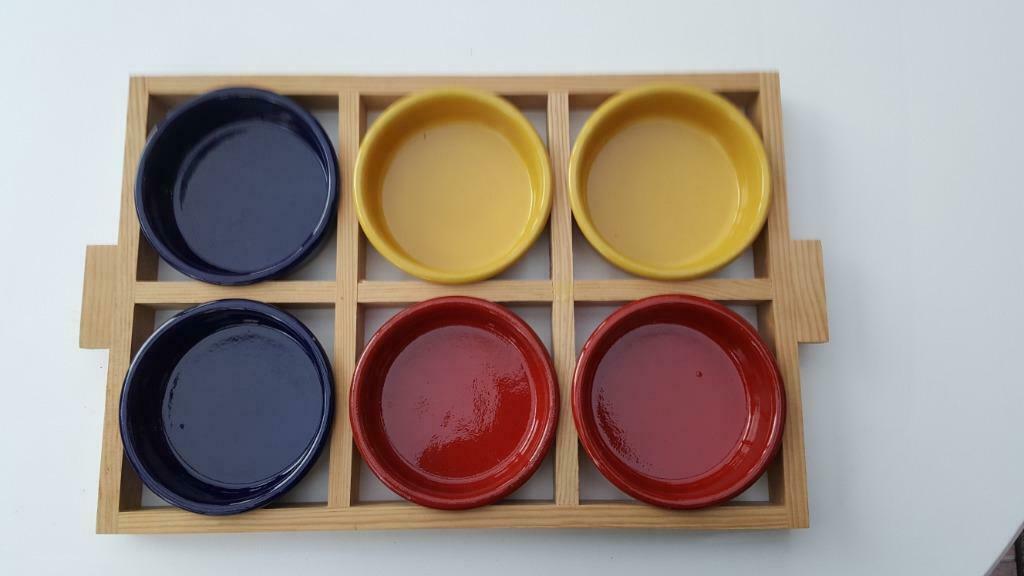 Plateau bois à 6 ramequins en poterie, Ophalen, Nieuw, Kom(men), Effen