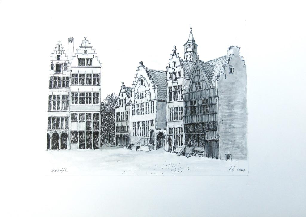 Pentekening Bokrijk (stadswoningen Antwerpen)  L. Boschmans, Antiek en Kunst, Kunst | Schilderijen | Klassiek, Verzenden