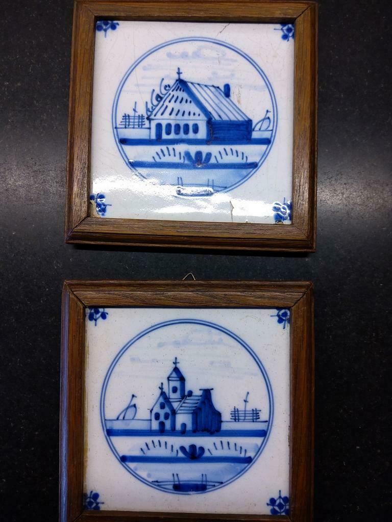 Paar oude tegeltjes in Delft blauw majolica., Ophalen of Verzenden