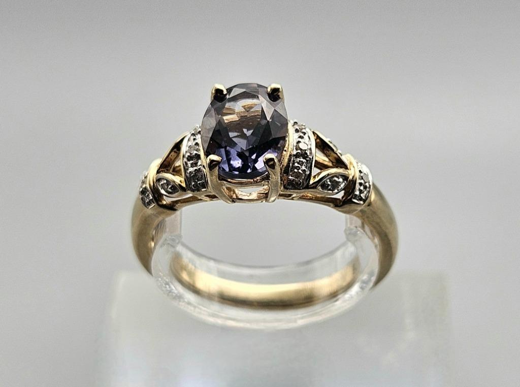 Gouden Vintage bicolor ring tanzaniet en diamant. 2024/523, Handtassen en Accessoires, Ringen, Paars, Ophalen of Verzenden, Zo goed als nieuw