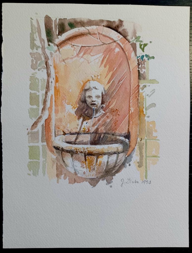 Jef Diels, Fonteintje (aquarel, 1993), Ophalen of Verzenden