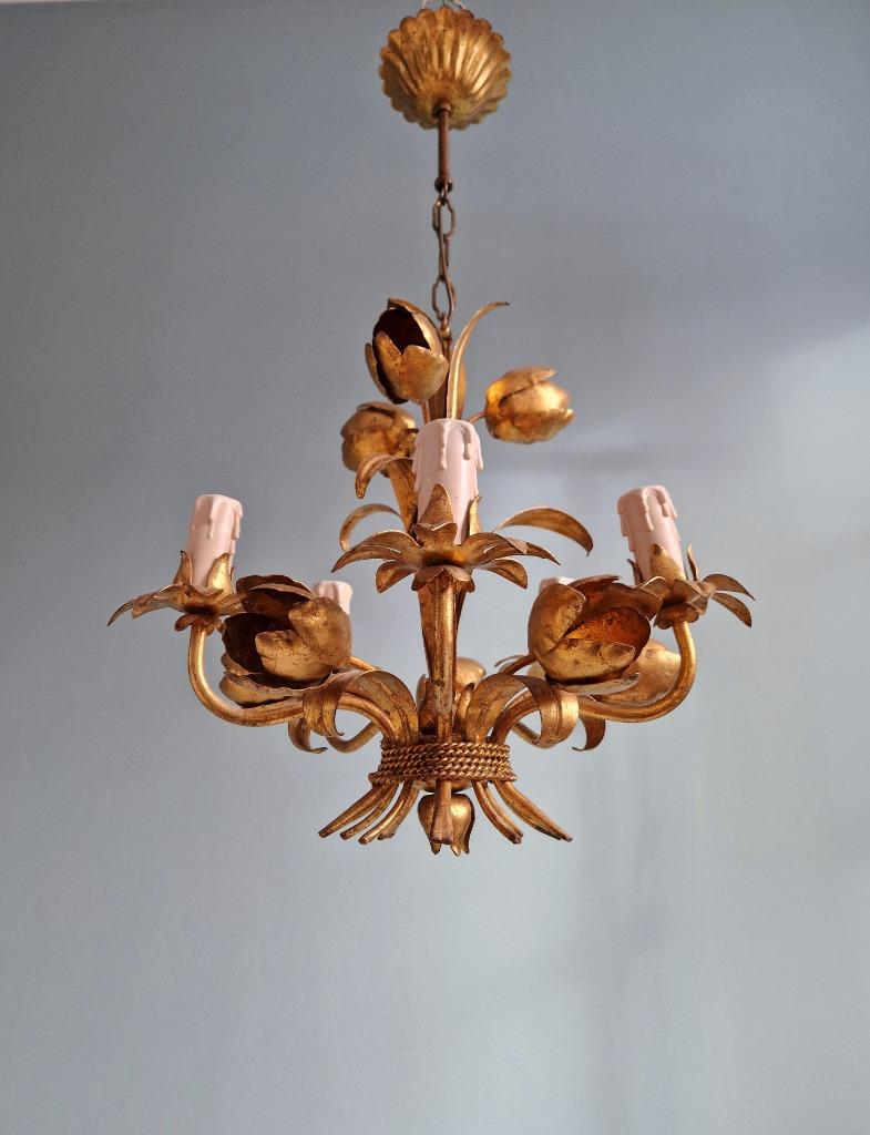 Lustre floral italien en métal doré, Hollywood Regency, 1970, Enlèvement ou Envoi