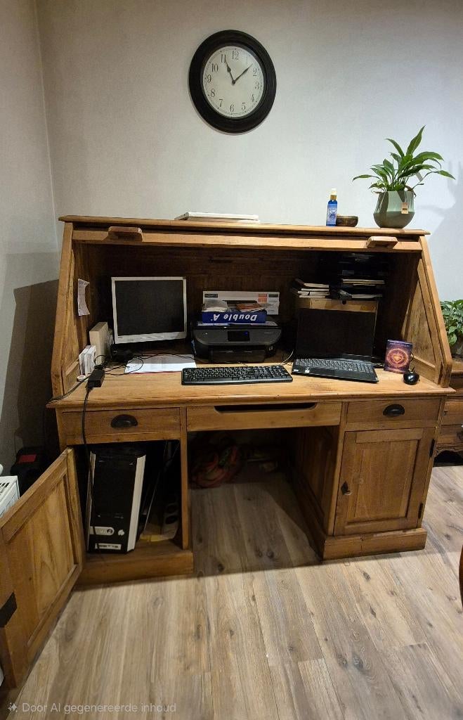 Grote grenen houten secretaire met rolluik – 2-delig, Huis en Inrichting, Ophalen, Gebruikt, Klassiek landelijk