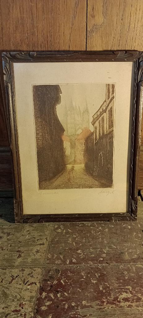 Gravure gesigneerd Doornik en zijn kathedraal, 23x30, n237, Ophalen of Verzenden