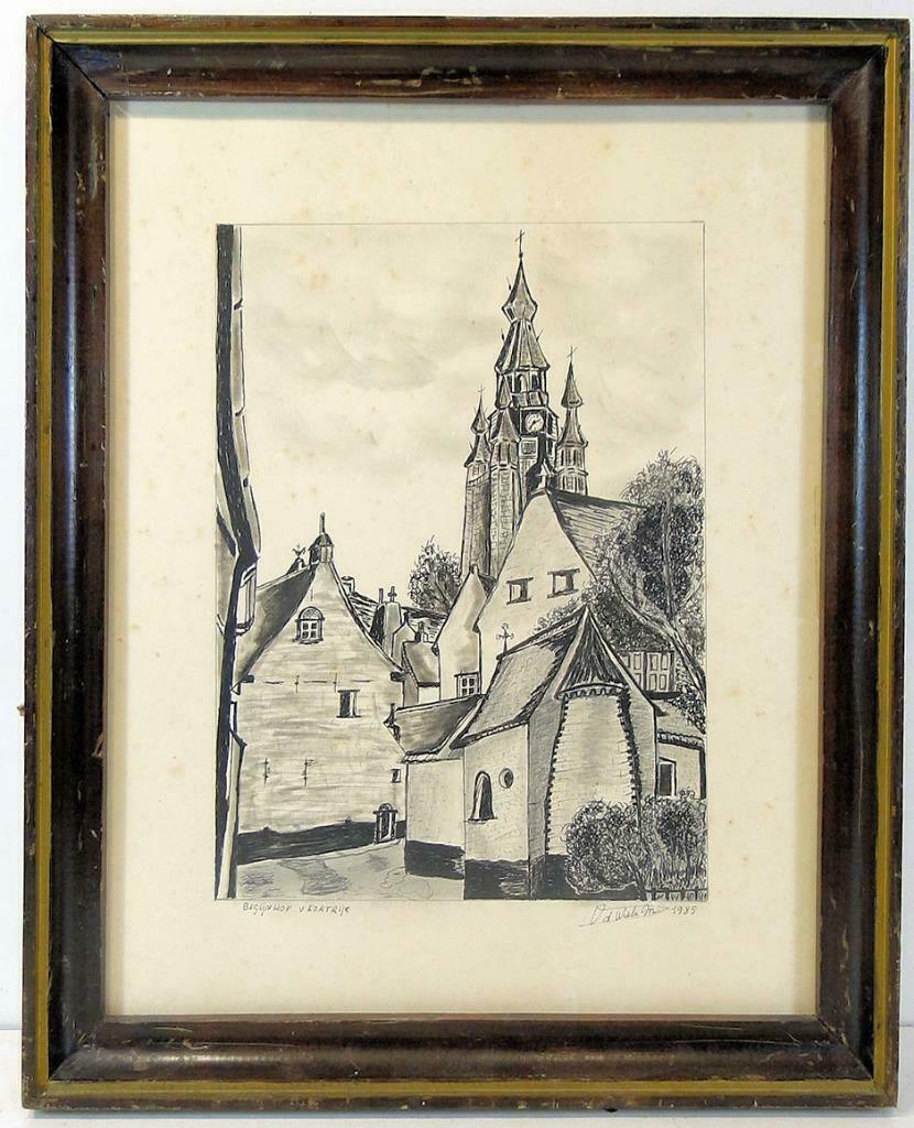 M Van de Wiele  *   Begijnhof van Kortrijk  *  Tekening, Antiek en Kunst, Kunst | Tekeningen en Fotografie, Ophalen of Verzenden