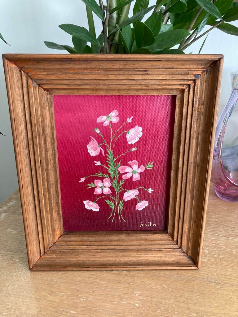 Mooi schilderij op paneel. Roze bloemen, getekend, Antiek en Kunst, Kunst | Schilderijen | Klassiek, Ophalen of Verzenden