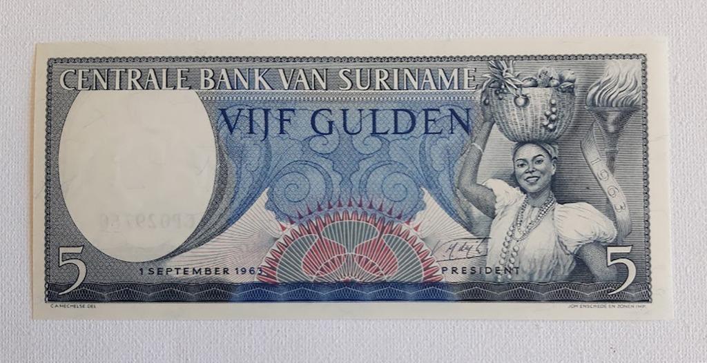 Suriname 1963 5 Gulden bankbiljet (herdruk 1976 ref nr.) UNC, Verzenden, Zuid-Amerika, Los biljet