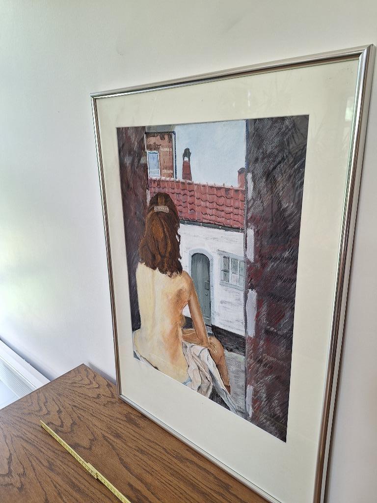 Aquarel tekening naakte vrouw in steegje Lier achter glas, Ophalen of Verzenden