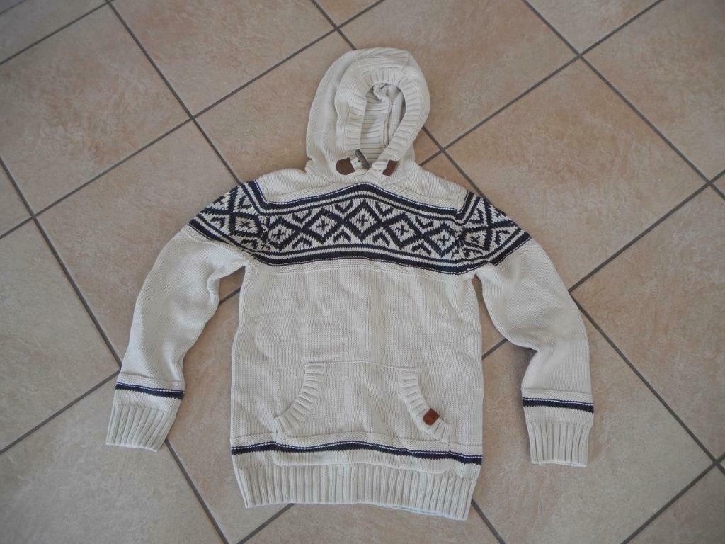 Pull en coton beige, motif bleu, capuche. Taille 146-152, Ophalen of Verzenden, Zo goed als nieuw, Jongen, Trui of Vest