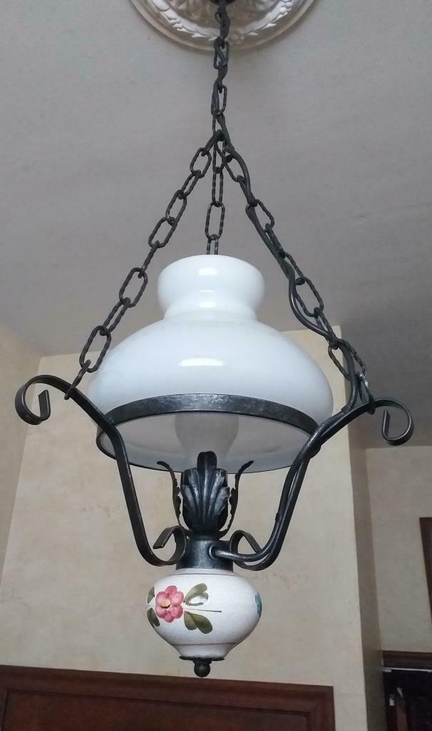 Vintage hanglamp - kinké – porselein – glas - smeedwerk, Huis en Inrichting, Ophalen, Gebruikt, Glas