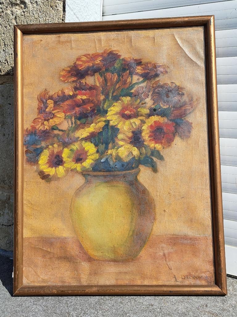 Huile sur toile encadre fleurs signe alfred duriau, Antiquités & Art, Enlèvement ou Envoi