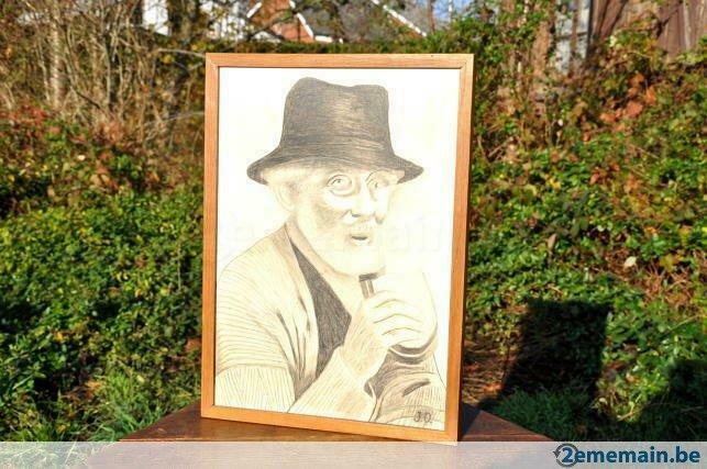 dessin au crayon homme a la tartine signé J.O., Antiek en Kunst, Kunst | Tekeningen en Fotografie