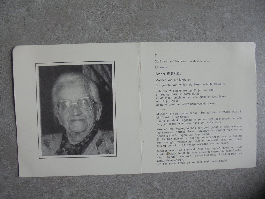 Doodsprentje Anna Bulcke , MOEDER VAN 11 KINDEREN, Collections, Envoi