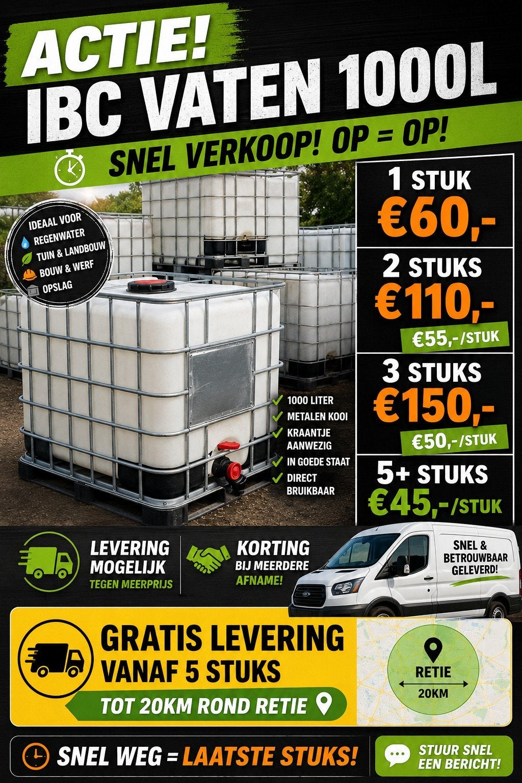 Fûts IBC 1000L - 60 €/pièce - RÉDUCTION pour plus - Livraiso, Enlèvement ou Envoi