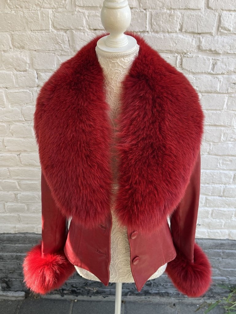 Incroyable veste cuir/renard rouge S, Envoi, Porté, Taille 36 (S), Rouge